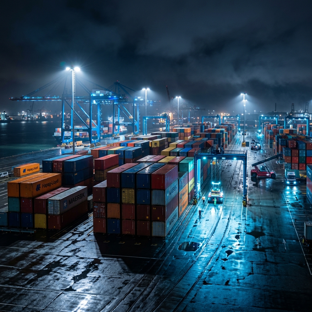 Contenedores en terminal portuaria iluminados con luces industriales