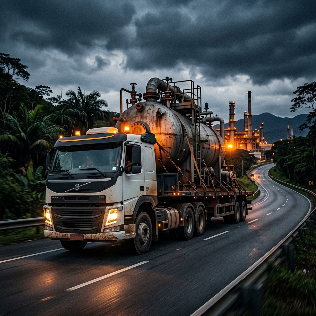 Camión de carga pesada transportando maquinaria industrial
